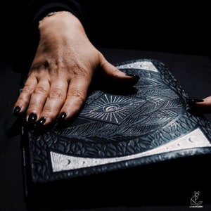 Silver Eye Tarot Journal Notebook, Shadow Work Journal, A5 Vegan Leather Journal with Custom Pattern and Silver Foil Stamp, Reading Journal