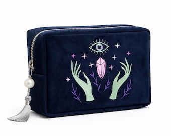Mystical Tarot Velvet Bag with Embroidered Crystal and Eye Design, Velvet Zipper Pouch, Witchy Gift for Tarot Lovers, Crystal Storage Bag