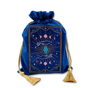 Borsa per tarocchi in velluto di seta, borsa per riporre le carte dei tarocchi in velluto blu, esclusiva custodia con coulisse per carte dei tarocchi e oracoli, velluto di seta ricamato