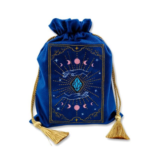 Tarotväska i sidensammet, förvaringsväska i blå sammet med tarotkort, unik påse i dragsko för orakel- och tarotkort, broderad sidensammet