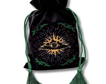 Embroidered Velvet Tarot Bag, Black Tarot Deck Pouch for Tarot and Oracle Cards, Drawstring Card Storage and Jewelry Accessory Bag