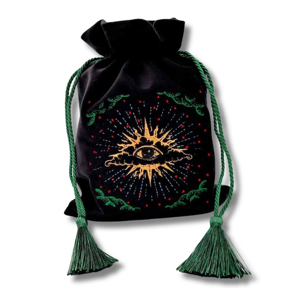 Embroidered Velvet Tarot Bag, Black Tarot Deck Pouch for Tarot and Oracle Cards, Drawstring Card Storage and Jewelry Accessory Bag