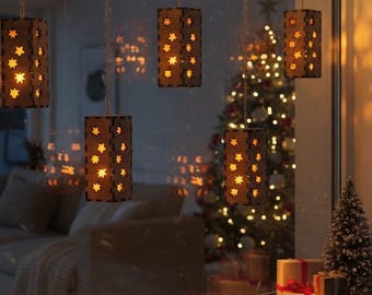 Christmas lantern made of poplar wood – with LED candle & timer – star design for hanging at Christmas