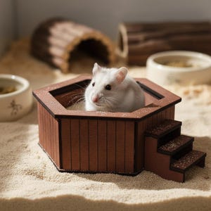 Pode incluir: Um hamster branco está sentado dentro de um recinto hexagonal de madeira castanha com painéis verticais e uma pequena escada de três degraus na lateral. A estrutura está sobre uma superfície arenosa clara, permitindo ver o animal.