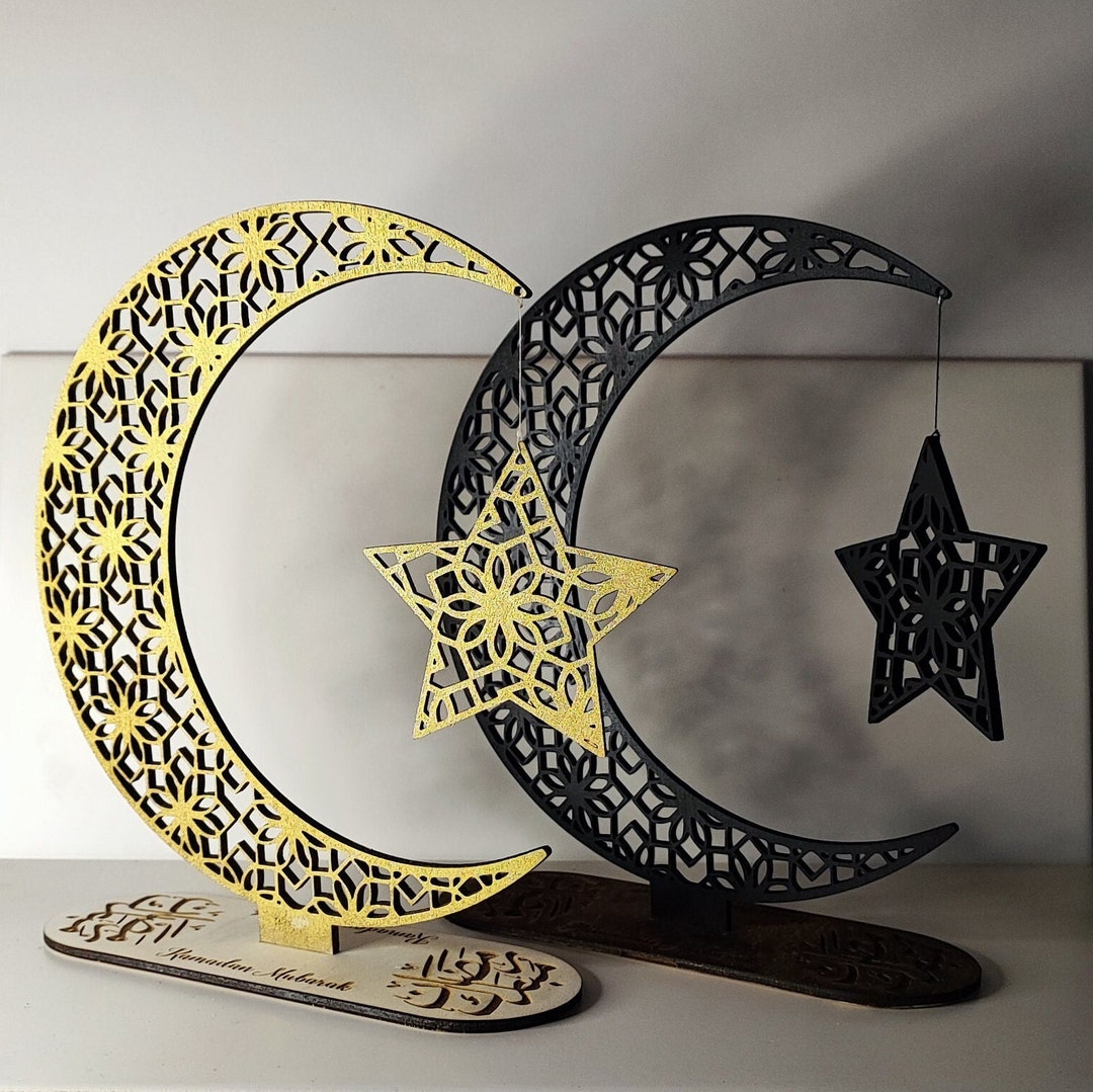 Eid Mubarak | Elegant Eid Decoration Set: Crescent Moon and Star Wooden ...