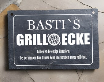 Grill für Geschenke für Männer  BBQ Grillplatz Outdoorküche Dekoration Grillecke GRILL ECKE+Spruch! Aus Schiefer, Grillplatz, Grillecke