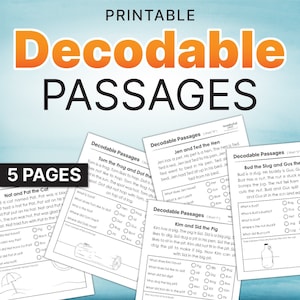 May include: Five printable worksheets for kids to practice decoding simple words. Each worksheet features a different animal character and a short story about them. The worksheets include multiple choice questions to help kids identify the correct words.
