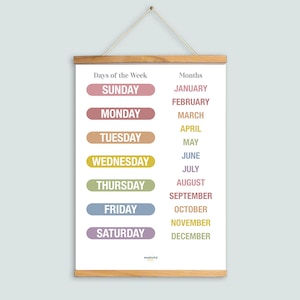 Póster de días de la semana + meses, gráfico de póster educativo para niños, para sala de juegos, sala de educación en casa, aula, sala de niños