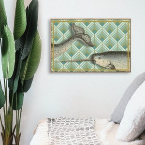 Deco Narwhal Framed Canvas Wall Art -- Art Deco Sea Creature Print