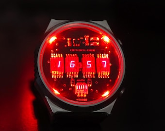 Reloj de pulsera vintage raro 'Red Time' (Metal, resistente a salpicaduras) Futurista Metro Retro Ciencia Ficción TimeRed estilo años 80 digital