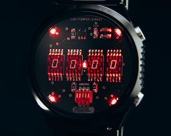 Vintage Uhr Geschenk für Männer - Handgefertigte Retro Rote Armbanduhr | Futuristische 80er Jahre Glow Armbanduhr | Weihnachtliche Tech Geschenkidee