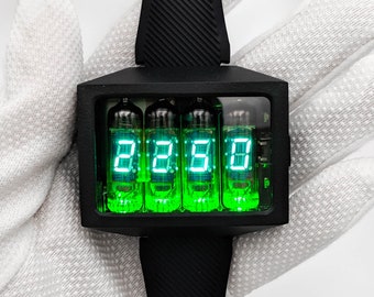 Nixie Tube Wrist Watch wristwatch clock green neon tubes IV-3 Nixoid ERA VFD  Futuristic Metro Retro SciFi fallout inspired