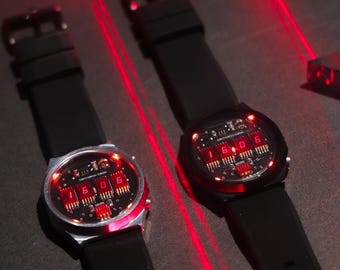 1980 vibes digital watch wristwatch vintage segment 'Red Time' (Metal, Splash Resistant) Futuristic Metro Retro Sci-Fi TimeRed collectible