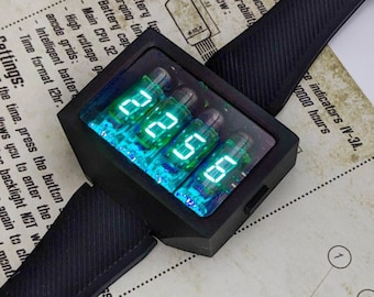Nixie Tube Wrist Watch wristwatch clock green neon tubes IV-3 Nixoid ERA VFD  Futuristic Metro Retro SciFi blue illumination