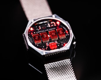 Rare Watch wristwatch clock 'Red Time 2' (Metal, Splash Resistant) Futuristic Metro Retro SciFi TimeRed