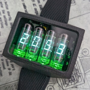 Carbon Nixie Tube Wrist Watch wristwatch clock green neon tubes IV-3 Nixoid ERA VFD  Futuristic Metro Retro SciFi green illumination