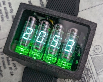 Carbon Nixie Tube Wrist Watch wristwatch clock green neon tubes IV-3 Nixoid ERA VFD  Futuristic Metro Retro SciFi green illumination