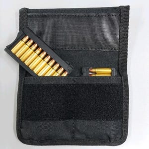 May include: Black nylon magazine pouch with a hook and loop closure. The pouch contains a black magazine with several gold-colored bullets. Two additional bullets are in a separate pocket. The pouch is designed to hold ammunition.