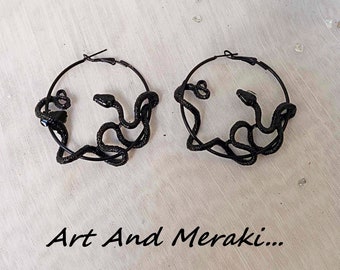 Black snake earrings,gothic jewelry,serpent earrings,witchy earrings,black hoops,medusa jewels,animal earrings,punk rock earrings,steel