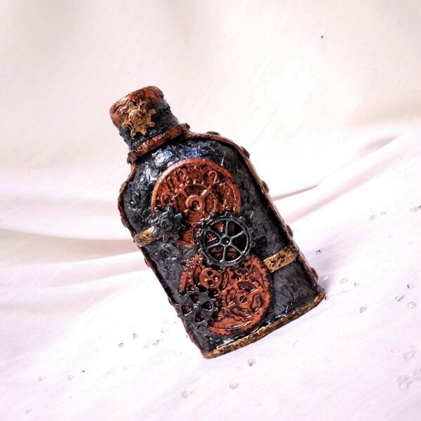 Steampunk bottle,steampunk decor,industrial office decor,altered bottle,vintage flask,recycled gift,eco friendly decor,gears decor,paperclay