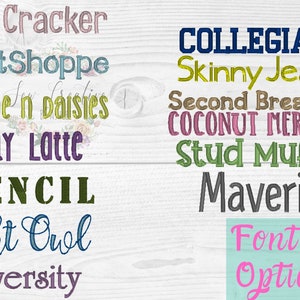 Puede incluir: Un fondo de madera con dos columnas de texto. La columna de la izquierda tiene las palabras "Clam Cracker", "DonutShoppe", "Sunshine n Daisies", "Skinny Latte", "STENCIL", "Night Owl", y "University". La columna de la derecha tiene las palabras "COLLEGIATE", "Skinny Jeans", "Second Breakfast", "COCONUT MERINGUE", "Stud Muffin", "Maverick", "Font", "Options", y "2".