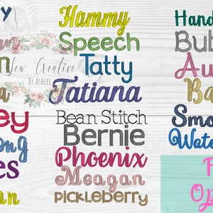 Puede incluir: Una colecci&oacute;n de opciones de fuentes para dise&ntilde;os de bordado. Las fuentes se muestran en varios colores, incluidos amarillo, verde, rojo, azul, morado y rosa. El texto incluye las palabras "Comedy", "Autumn", "Lemon", "Marsha", "Honey", "Billabong", "Times", "Jordan", "Hammy", "Speech", "Tatty", "Tatiana", "Bean Stitch", "Bernie", "Phoenix", "Meagan", "Pickleberry", "Handwriting", "Bubbles", "Aubree", "Barbie", "Smoothie", "Watermelon", "Font" y "Options".