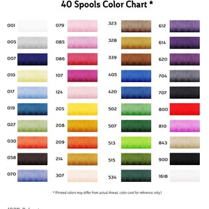 Puede incluir: Una carta de colores de 40 carretes de hilo de bordar. Los carretes est&aacute;n dispuestos en filas de cuatro, con cada fila que contiene un color diferente. Los colores incluyen blanco, gris, azul, amarillo, rosa, rojo, naranja, verde, marr&oacute;n, negro y morado. La carta est&aacute; etiquetada como "40 carretes de hilo de bordar*" y "100% poli&eacute;ster Hilo de bordar para m&aacute;quina".