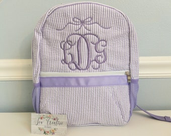 Toddler size backpack, toddler backpack, embroidered backpack, personalized backpack, seersucker backpack, seersucker monogram backpack