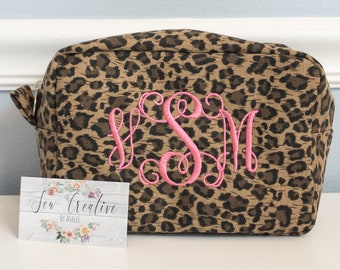 Monogram Leopard Print Cosmetic Bag, Monogram Makeup Bag, Leopard Makeup Bag, Everything Bag,