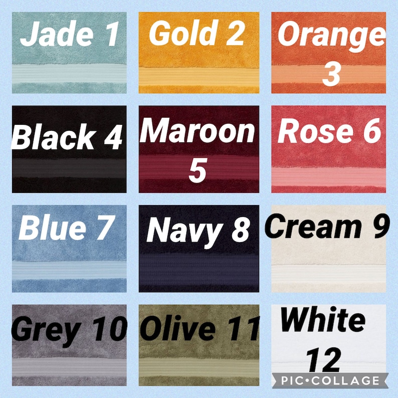 Puede incluir: Un collage de 12 toallas de diferentes colores con los n&uacute;meros del 1 al 12 en ellas. Los colores son jade, oro, naranja, negro, granate, rosa, azul, azul marino, crema, gris, oliva y blanco.