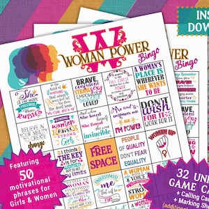 Frauenpower Bingo Spiel | Frauen Mädchen Feier Party Dusche | Feminismus Feministische Aktivistin motivierende inspirierende Selbstliebe lustige Aktivität