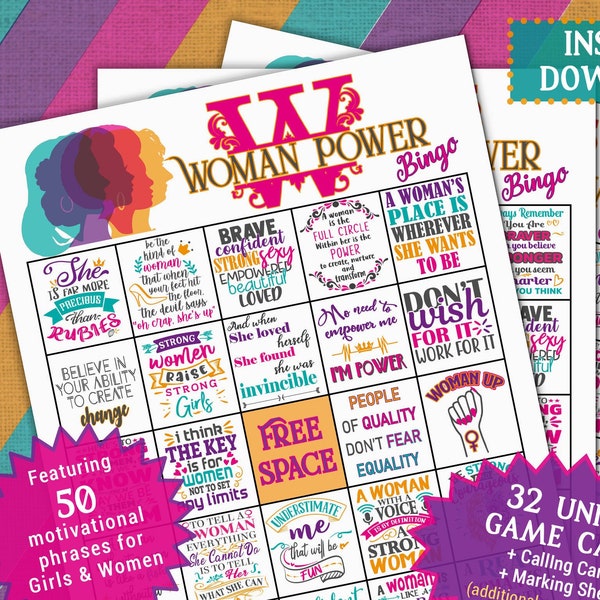 Woman Power Bingo Game | Women Girls celebration party shower | Feminism Feminist Activist motivational inspirational self love fun activity