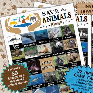 Puede incluir: Un juego de bingo con 50 especies animales en peligro de extinción y amenazadas. La tarjeta tiene un espacio libre e imágenes de animales como un leopardo de las nieves, un bonobo, un panda gigante, un gorila occidental de tierras bajas, un rinoceronte negro, una ballena beluga, un gran tiburón blanco y una iguana marina. La tarjeta es parte de un conjunto de 32 tarjetas de juego únicas, que incluye tarjetas de llamada y una hoja de marcado.