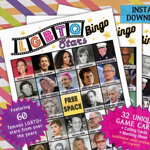 Gioco del bingo LGBTQ Stars / Attività di sensibilizzazione per il mese dell&#39;orgoglio, celebrità, celebrazioni sul posto di lavoro / Bandiere, amici, familiari, colleghi