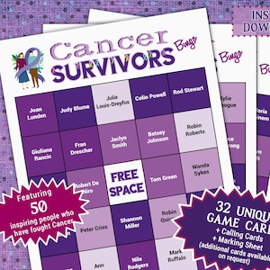 May include: Purple and white bingo card game with the title "Cancer Survivors Bingo". The card features names of 50 inspiring people who have fought cancer.  The card is part of a set of 32 unique game cards.