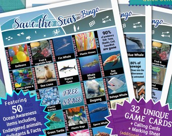 Save the Seas bingo game | World Oceans Day June 8 celebration fun idea | Family friend office coworker group conference awareness printable