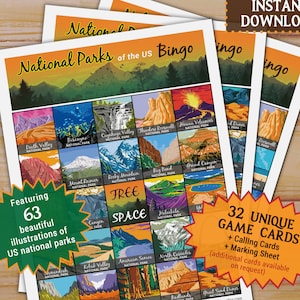 May include: A printable bingo card game featuring 63 illustrations of US national parks. The card has a free space and is one of 32 unique cards included in the set. The set also includes calling cards and a marking sheet. Additional cards are available upon request.