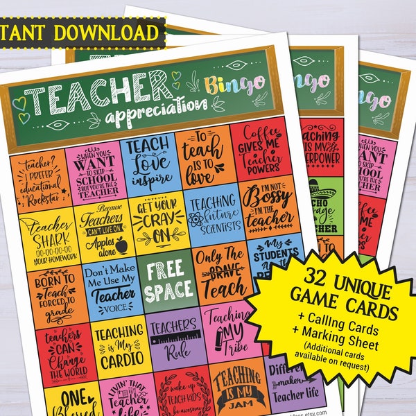 Teacher Appreciation Bingo printable game | Teachers Year End celebration activity | Schools classroom parents online PTA students Thank You