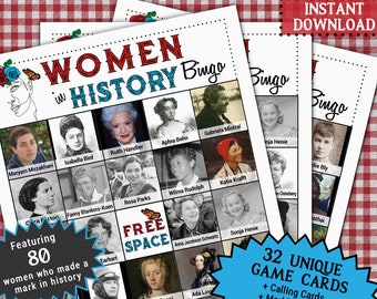 Women's History Bingo game | Celebrate Woman's groups virtual party educational activity | Famous Important historical movement girls games