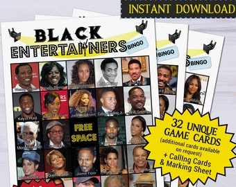 Black Entertainers Bingo game | Black Pride celebration activity | Virtual party online idea friends | African American celebrities popstars