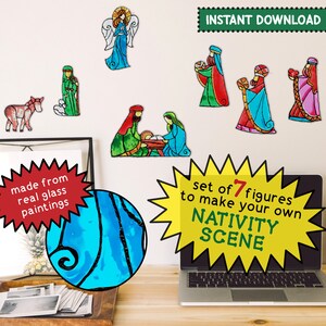 May include: A set of seven figures to make a Nativity scene, made from real glass paintings. The figures include an angel, the Holy Family, and the Three Wise Men. The words "Instant Download" are at the top.