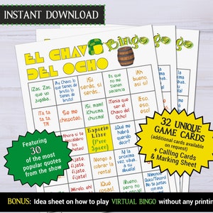 El Chavo del Ocho Bingo TV show juego de fiesta imprimible / actividad en español niños niñas niños / juego en familia amigas amigos abuela abuelo regalo