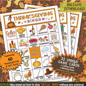 Puede incluir: Una tarjeta de juego de bingo de Acción de Gracias con 32 tarjetas únicas, una hoja de llamada y una hoja de marcado. La tarjeta presenta 40 iconos de Acción de Gracias y otoño, incluyendo un pavo, una calabaza, maíz y hojas de otoño. La tarjeta está diseñada para bingo virtual e incluye instrucciones sobre cómo jugar.