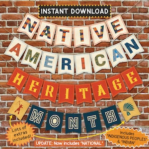 May include: A banner set against a brick wall, featuring the words "NATIVE AMERICAN HERITAGE MONTH" in colorful, decorative lettering. Additional text includes "INSTANT DOWNLOAD" and "Lots of extras included!" with an update notice.