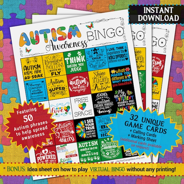 Autism Awareness Bingo printable game | World Day Month celebration activity family friend office coworker group conference call virtual fun