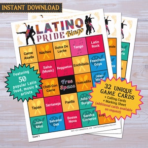 Latino Pride Bingo game | Cinco de Mayo activity idea niñas niño | Proud latina latinx Family celebrate music artists food culture printable