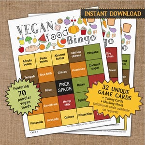 Peut inclure: Une carte de jeu de bingo sur le thème des aliments végétaliens imprimable avec 32 cartes uniques, une feuille d'appel et une feuille de marquage. La carte présente 70 aliments végétaliens populaires, notamment des haricots adzuki, des haricots pinto, du beurre d'amande, du fromage de cajou, de l'origan, des protéines de soja, du tempeh, du lait de riz, de la ciboulette, des noisettes, du sucre de coco, du miso, de la choucroute, du lait de chanvre, de l'aubergine, des graines de lin, de l'avocat, du quinoa et des pistaches.