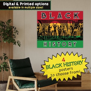 May include: A poster with a red, yellow, and green background featuring a silhouette of a group of people in front of a cityscape. The text "BLACK HISTORY" is printed in white letters on the poster.