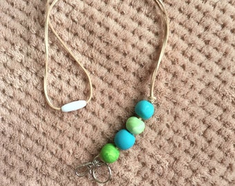 Handmade polymer clay beaded lanyard - blue and green (B)