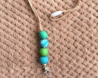 Handmade polymer clay beaded lanyard - blue and green (A)